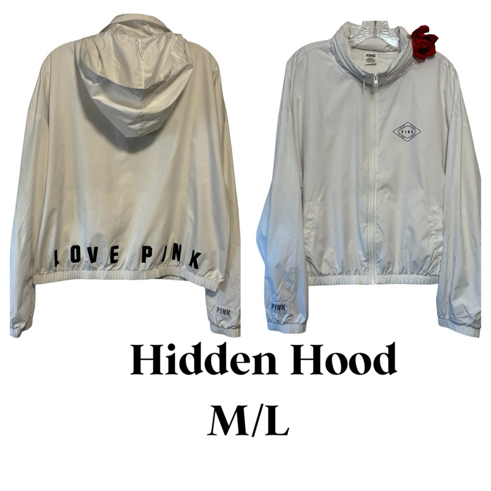 Victoria’s Secret Pink Spell Out White Hidden Hood Windbreaker Jacket M/L EUC